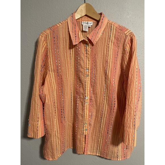 Coldwater Creek Womens Top Size 1X Orange Striped Button Up Embroidered Boho - Picture 1 of 6